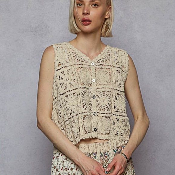 POL One Size Cotton Natural Crochet Sleeveless Top Boho Beach - Picture 1 of 4